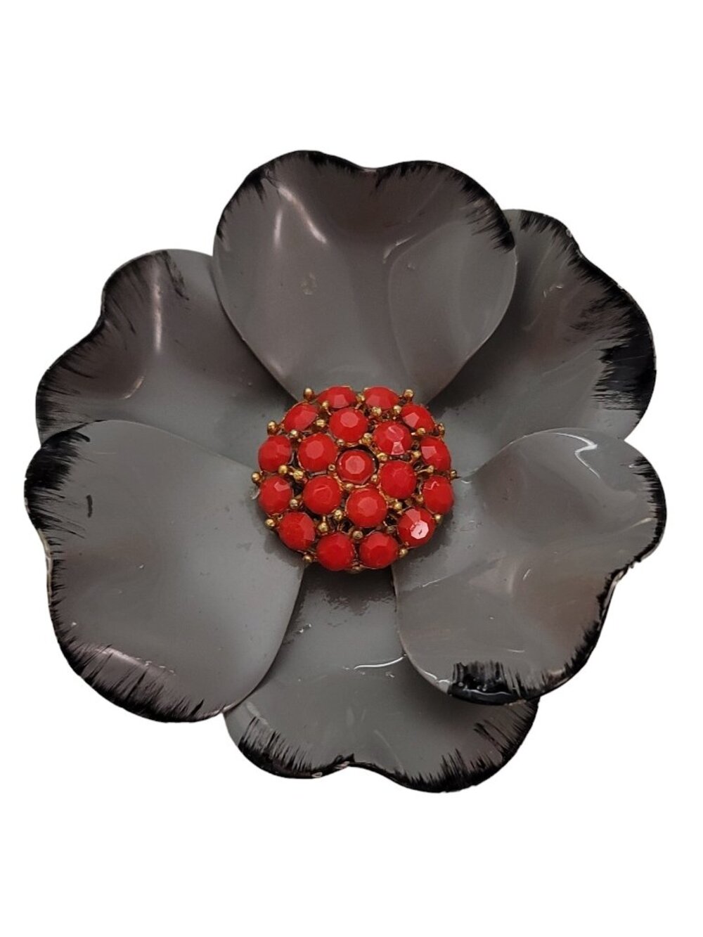 Vintage Scarlet Red Rhinestone And Gray Metal Flower Brooch Pin E650